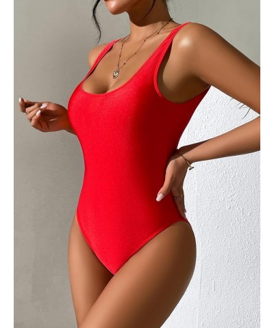 Women's Retro 80s/90s Inspired High Cut Low Back One Piece Swimwear Bathing Suits Red W/ Padded Cups Removable $14.08 Swimsuits