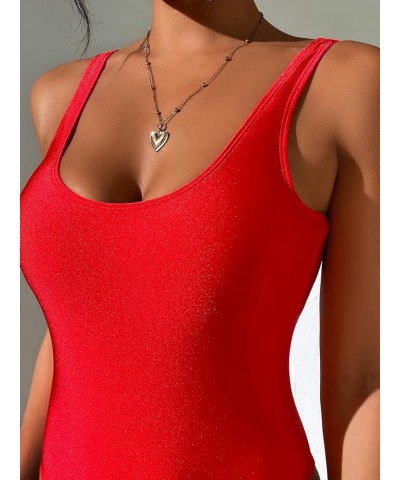 Women's Retro 80s/90s Inspired High Cut Low Back One Piece Swimwear Bathing Suits Red W/ Padded Cups Removable $14.08 Swimsuits