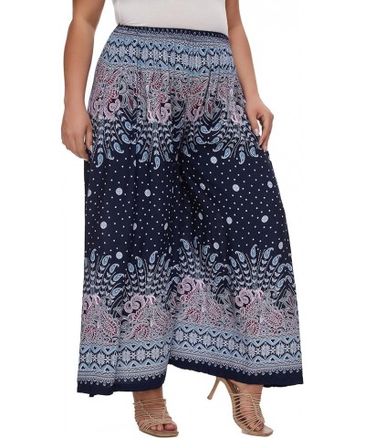 Women Wide Leg Palazzo Pants Plus Size Hippie Bohemian Flora Printed 1X 2X 3X Dark Blue-14577 $14.96 Pants