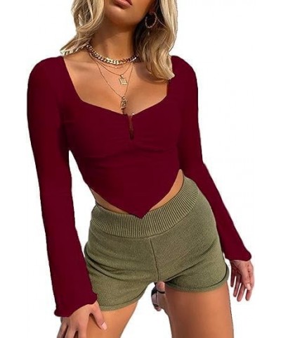 Women's Long Sleeve Knit Ribbed Crop Top Ruched Front Square Neck Asymmetrical Hem Tees Shirt Burgundy X01 $16.80 T-Shirts