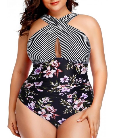 Womens Front Cross Plus Size One Piece Swimsuits Tummy Control Keyhole Bathing Suits Swimwear Striped and Flower $11.36 Swims...