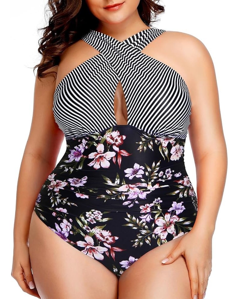 Womens Front Cross Plus Size One Piece Swimsuits Tummy Control Keyhole Bathing Suits Swimwear Striped and Flower $11.36 Swims...