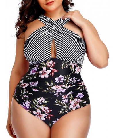 Womens Front Cross Plus Size One Piece Swimsuits Tummy Control Keyhole Bathing Suits Swimwear Striped and Flower $11.36 Swims...