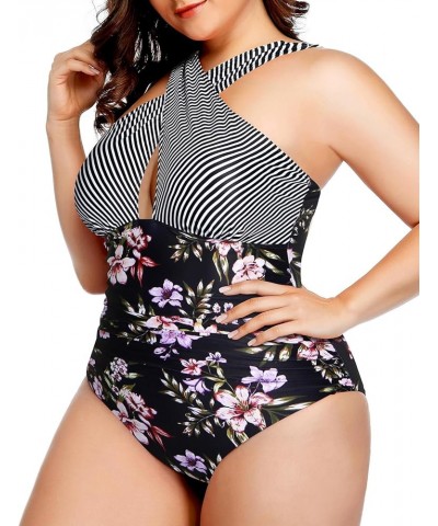 Womens Front Cross Plus Size One Piece Swimsuits Tummy Control Keyhole Bathing Suits Swimwear Striped and Flower $11.36 Swims...