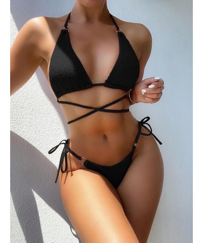 Women's 2 Piece Bathing Suits Halter Triangle Tie Side Bikini Swimsuit Black $9.68 Swimsuits