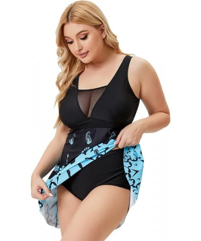 Women Two Piece Plus Size Flowy Swimdress Mesh Splicing Print Tankini Swimsuit High Waisted Tummy Control Bathing Suit Mesh $...