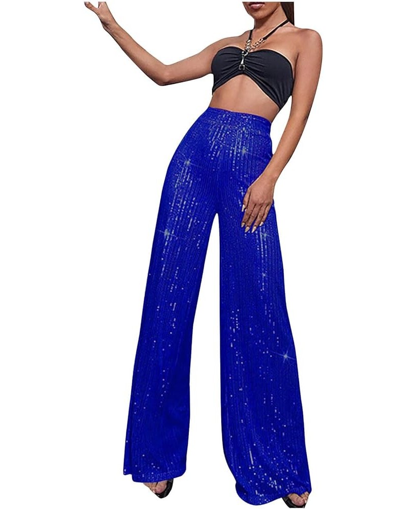 Womens Sequins Palazzo Pants Baggy Party Club Wide Leg Pants High Waisted Sparkly Trousers Elegant Bootcut Long Pants Z01-blu...