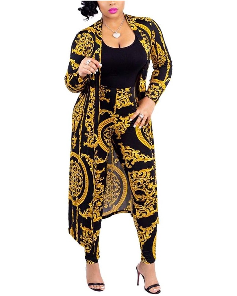 Womens 2 Piece Print Outfits Clubwear Long Sleeve Open Cardigan Pants Set Golden $27.50 Sweaters