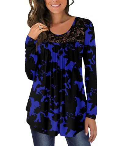 Womens Casual Loose Long Sleeves Tunic Tops Lace Panel Pleated T-shirts Blouses Long Sleeves Blue Flowers + Long $11.59 Tops