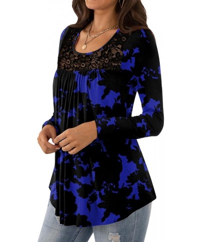 Womens Casual Loose Long Sleeves Tunic Tops Lace Panel Pleated T-shirts Blouses Long Sleeves Blue Flowers + Long $11.59 Tops