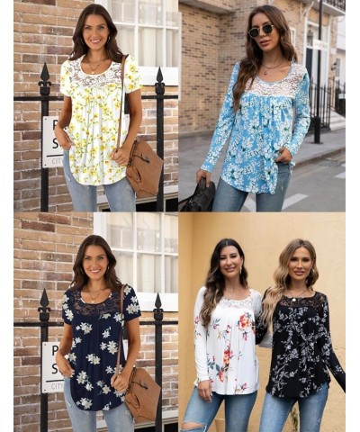 Womens Casual Loose Long Sleeves Tunic Tops Lace Panel Pleated T-shirts Blouses Long Sleeves Blue Flowers + Long $11.59 Tops