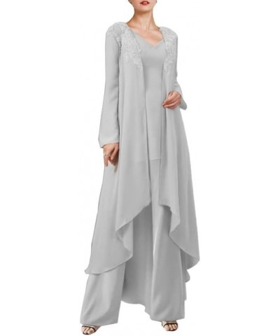 Mother of The Bride Pantsuits 3 Pieces with Long Jacket - Chiffon Wedding Guest Dresses Silver $50.34 Suits