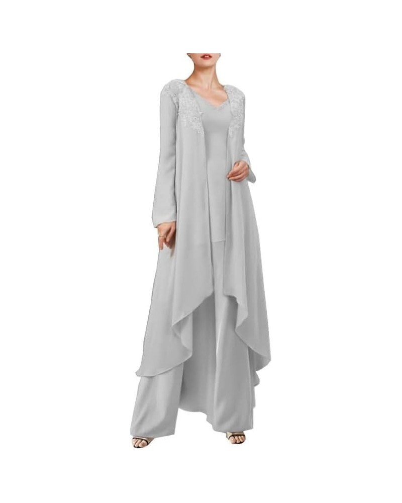 Mother of The Bride Pantsuits 3 Pieces with Long Jacket - Chiffon Wedding Guest Dresses Silver $50.34 Suits