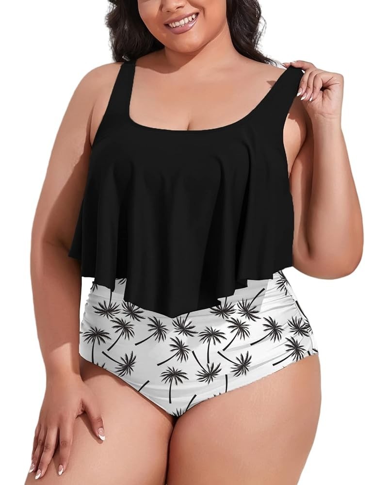 Women Plus Size Swimsuits Two Pieces Bikini Set Ruffled Flounce High Waisted Ruched Bathing Suits for Women White and Black 1...