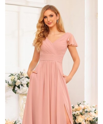 Women's Bridesmaid Dresses with Slit Chiffon 2023 Flutter Sleeves Bridemaid Dress with Pockets PU001 Dusty Green $42.92 Dresses