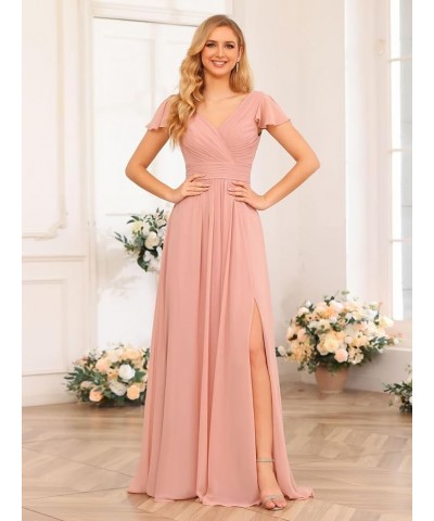 Women's Bridesmaid Dresses with Slit Chiffon 2023 Flutter Sleeves Bridemaid Dress with Pockets PU001 Dusty Green $42.92 Dresses