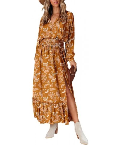 Women's Long Sleeve Wrap V Neck Dress Boho Floral High Waist Flowy Ruffle Split Maxi Dresses Gold $26.95 Dresses