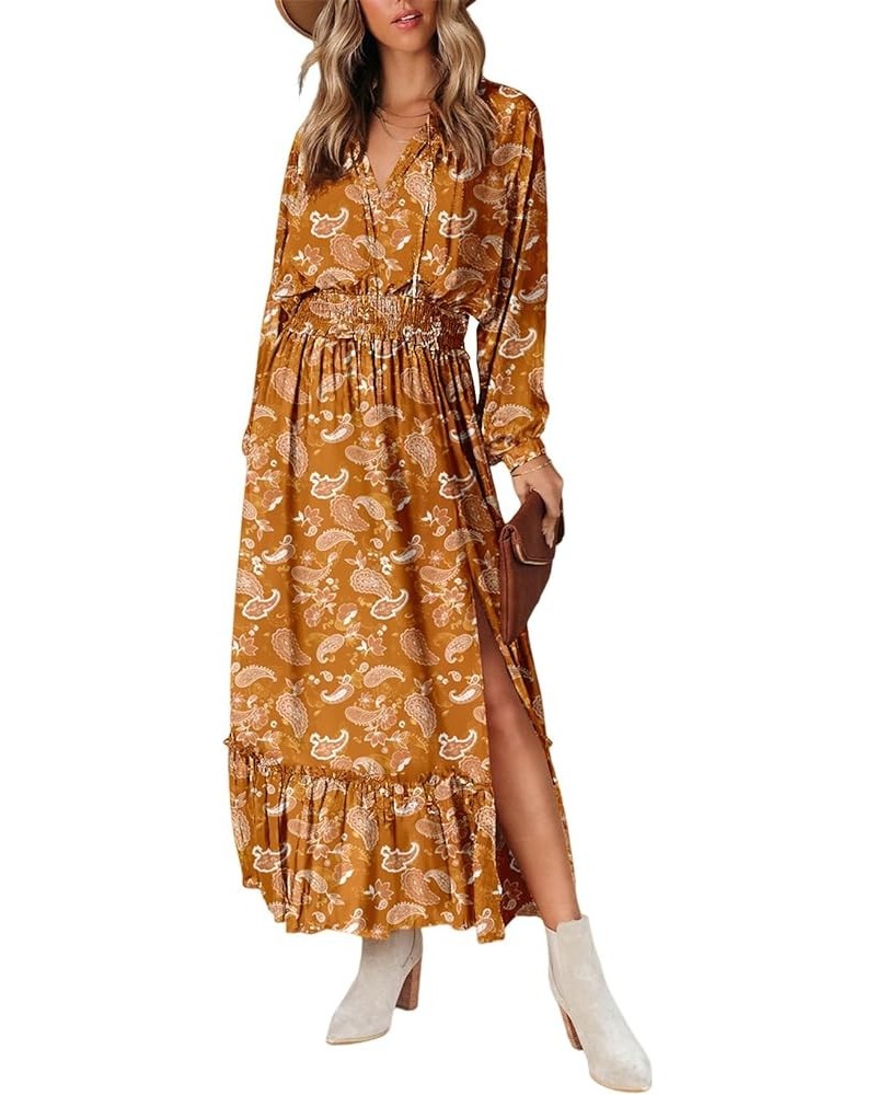 Women's Long Sleeve Wrap V Neck Dress Boho Floral High Waist Flowy Ruffle Split Maxi Dresses Gold $26.95 Dresses