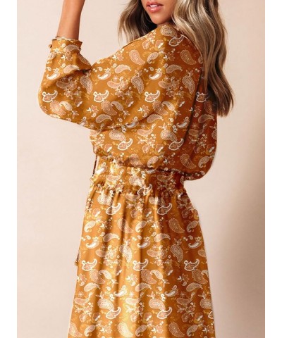 Women's Long Sleeve Wrap V Neck Dress Boho Floral High Waist Flowy Ruffle Split Maxi Dresses Gold $26.95 Dresses