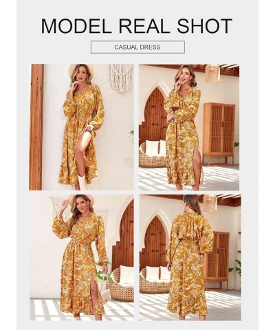 Women's Long Sleeve Wrap V Neck Dress Boho Floral High Waist Flowy Ruffle Split Maxi Dresses Gold $26.95 Dresses