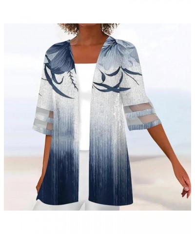 Womens Plus Size Summer Tops 2024 Casual Loose Cardigan Half Length Sleeve Printed T Shirt Cover Up Work Tops Shirts 4-blue $...