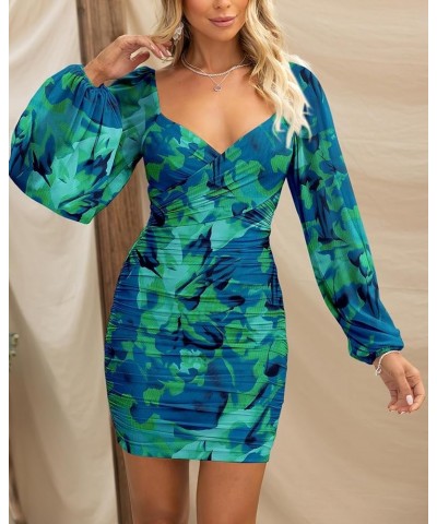 Women's Elegant Ruched Bodycon Dresses Spring Summer Mesh Long Sleeve Cross V Neck Party Club Cocktail Mini Dress Print Green...