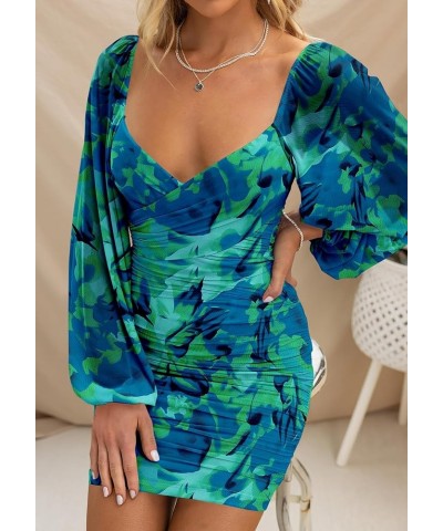 Women's Elegant Ruched Bodycon Dresses Spring Summer Mesh Long Sleeve Cross V Neck Party Club Cocktail Mini Dress Print Green...