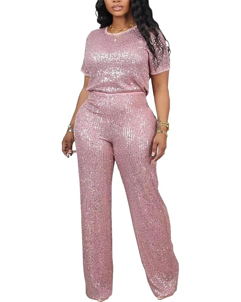 Women's Evening Sparkly Jumpsuits Off Shoulder Short Sleeve Party Sequins Rompers High Waisted Wide Leg Pants Suit 8614-pink ...