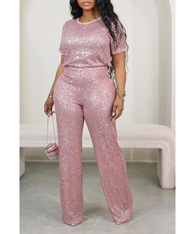 Women's Evening Sparkly Jumpsuits Off Shoulder Short Sleeve Party Sequins Rompers High Waisted Wide Leg Pants Suit 8614-pink ...