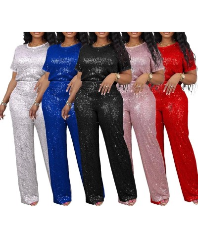 Women's Evening Sparkly Jumpsuits Off Shoulder Short Sleeve Party Sequins Rompers High Waisted Wide Leg Pants Suit 8614-pink ...