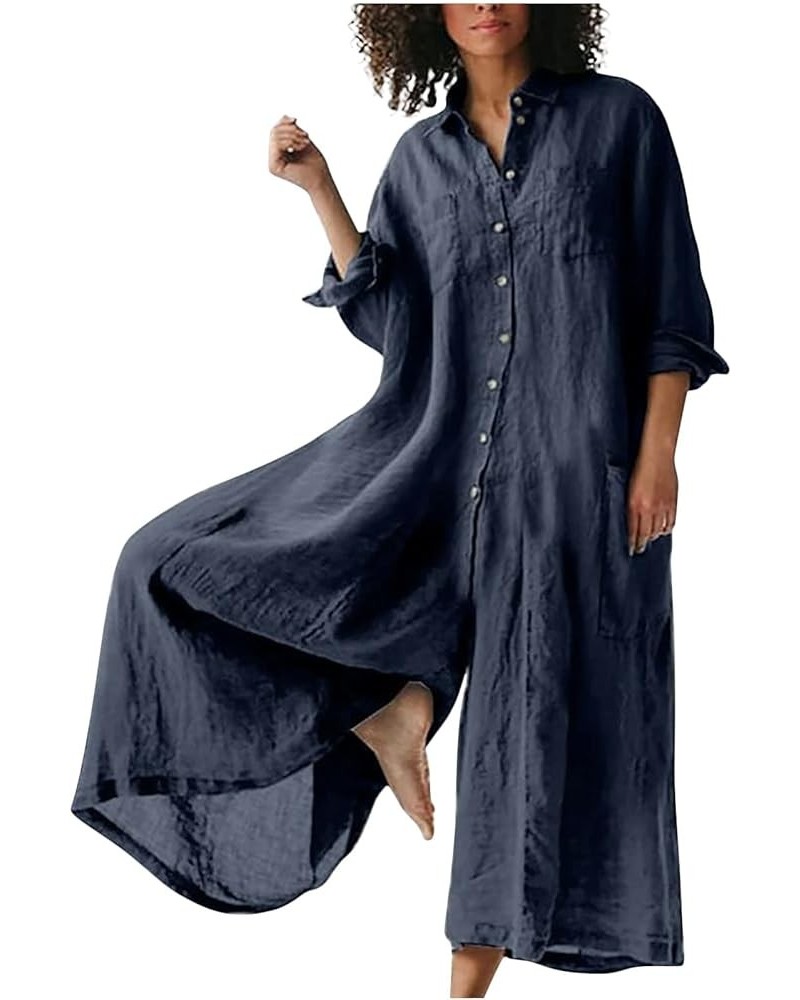 Womens Plus Size Loose Jumpsuit Cotton Linen Square Neck Cap Sleeve Casual Oversized Baggy Rompers Wide Leg Long Pants 2-navy...