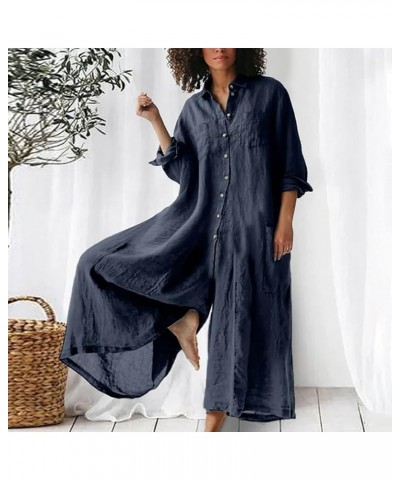 Womens Plus Size Loose Jumpsuit Cotton Linen Square Neck Cap Sleeve Casual Oversized Baggy Rompers Wide Leg Long Pants 2-navy...