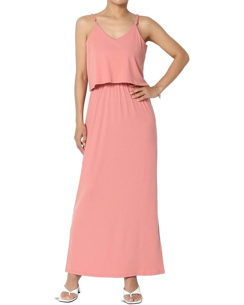 Women's Sleeveless Tiered Maxi Dress Spaghetti Straps Layered Cami Long Dress Ribbed Ash Rose $13.16 Dresses