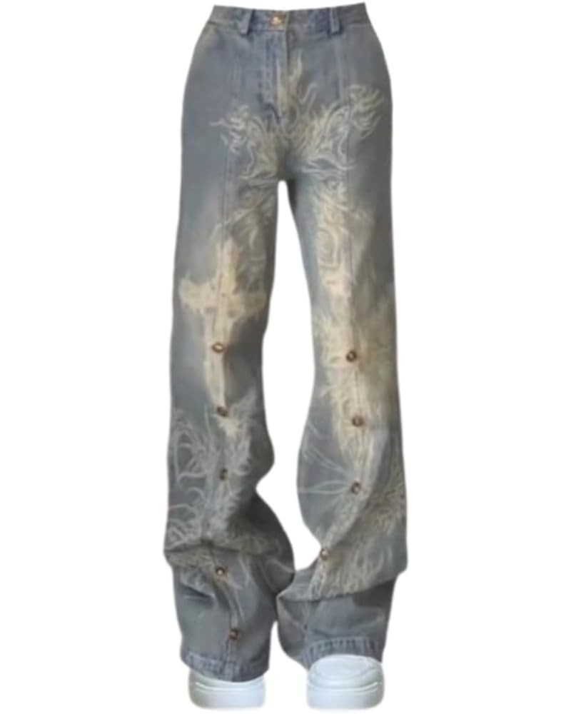 Aesthetic Y2k Jeans Cross Print Jeans Baggy Jeans Straight Leg Jeans Low Rise Jeans Streetwear Blue $23.84 Jeans