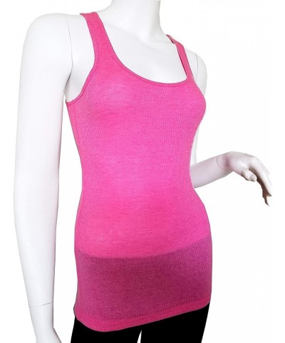 Ambiance Apparel_Basic Plain Ribbed Stretchy_Racerback_Tank Top_Muscle Shirt_Junior Size Neon Pink $8.39 Tanks