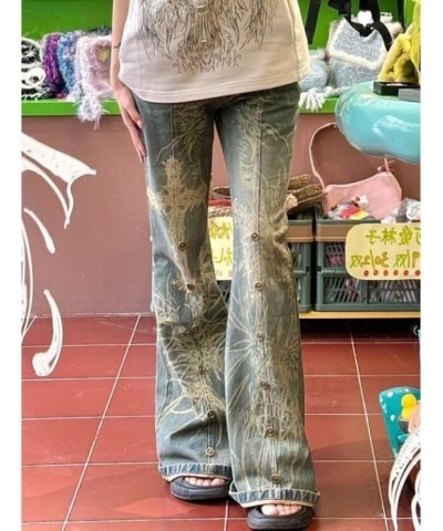 Aesthetic Y2k Jeans Cross Print Jeans Baggy Jeans Straight Leg Jeans Low Rise Jeans Streetwear Blue $23.84 Jeans