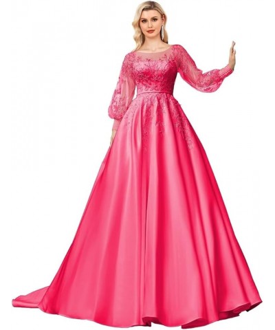 Long Sleeve Prom Dresses Lace Applique Wedding Dress Satin Ball Gown A Line Formal Evening Gowns Hot Pink $45.33 Dresses