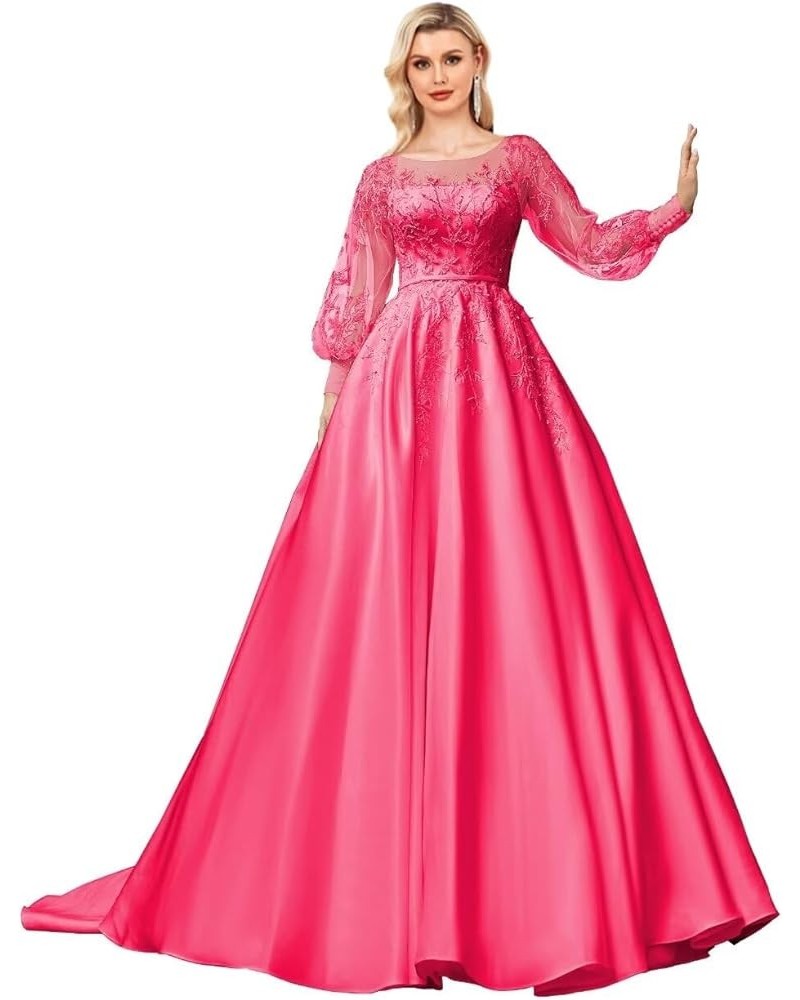 Long Sleeve Prom Dresses Lace Applique Wedding Dress Satin Ball Gown A Line Formal Evening Gowns Hot Pink $45.33 Dresses