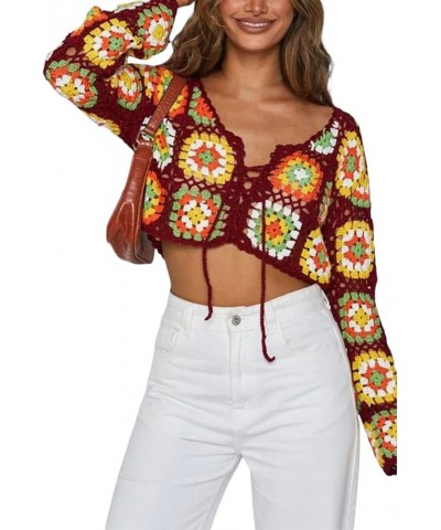 Women Y2k Floral Knit Crop Cardigan Vintage Long Sleeve Button Down Loose Crop Sweater Coat Top L-square Pattern Brown $12.74...