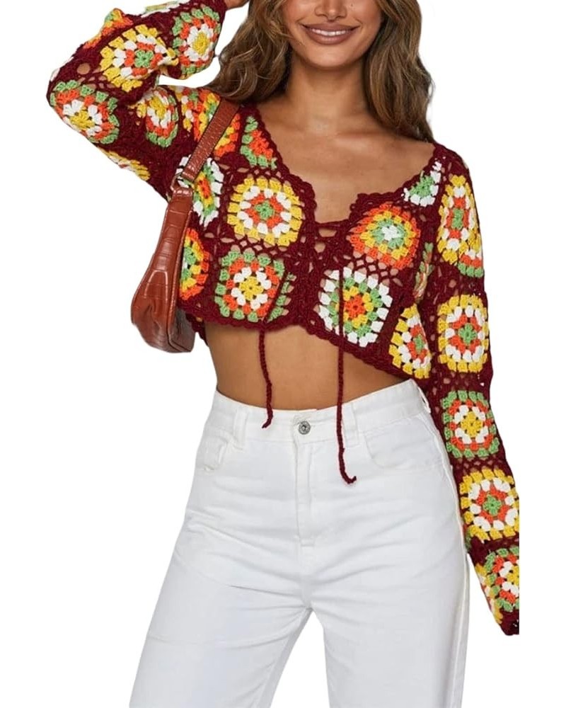 Women Y2k Floral Knit Crop Cardigan Vintage Long Sleeve Button Down Loose Crop Sweater Coat Top L-square Pattern Brown $12.74...