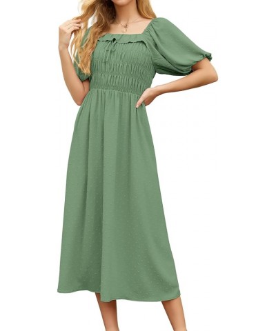 Women's Summer Boho Midi Dress Puff Sleeve Square Neck Swiss Dot Flowy Off Shoulder Dress Light Green $14.57 Dresses