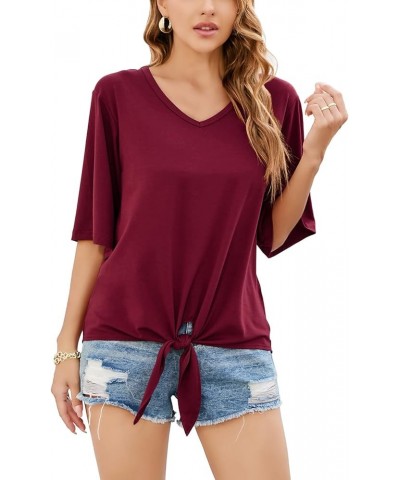 Women's Tie Front Tops Summer V Neck 3/4 Bell Sleeve Twist Knot Shirt Wine Red $12.18 Blouses