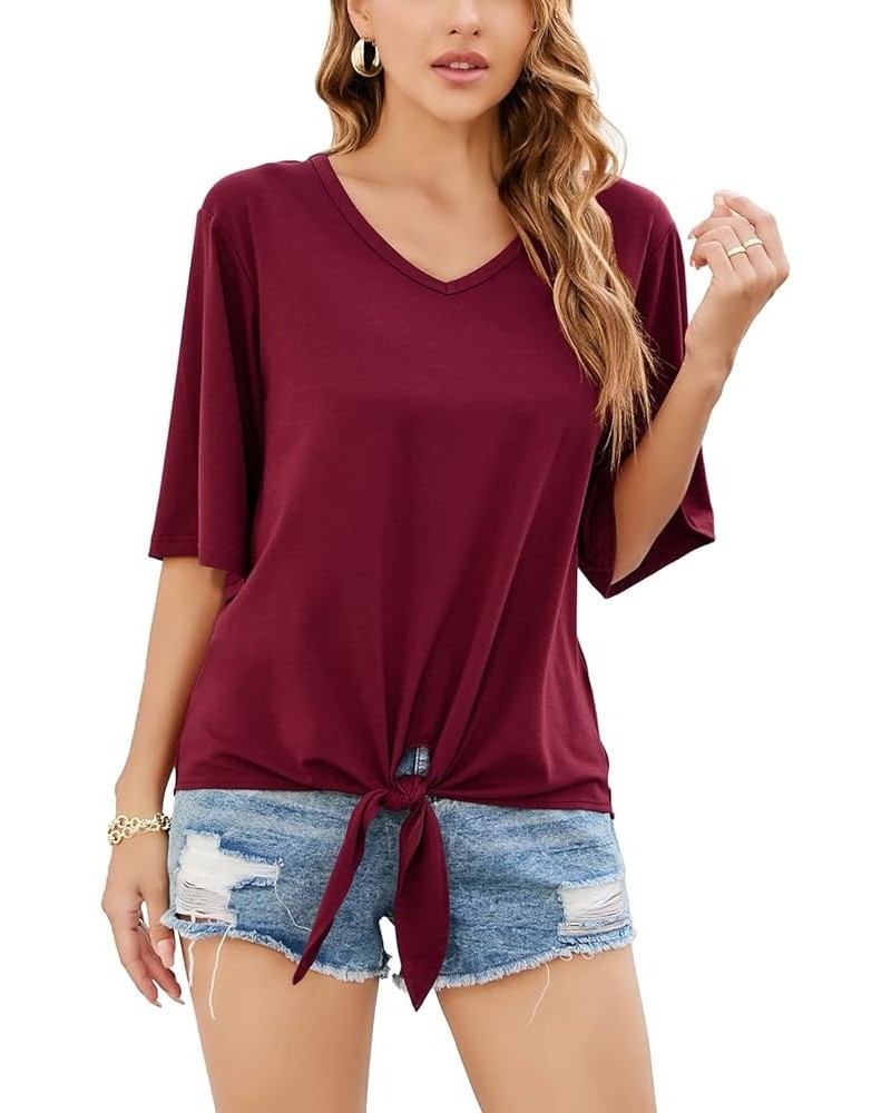 Women's Tie Front Tops Summer V Neck 3/4 Bell Sleeve Twist Knot Shirt Wine Red $12.18 Blouses