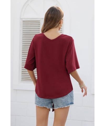 Women's Tie Front Tops Summer V Neck 3/4 Bell Sleeve Twist Knot Shirt Wine Red $12.18 Blouses