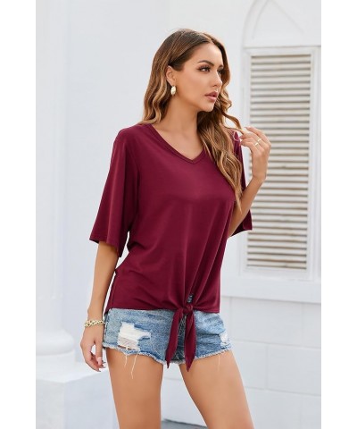 Women's Tie Front Tops Summer V Neck 3/4 Bell Sleeve Twist Knot Shirt Wine Red $12.18 Blouses