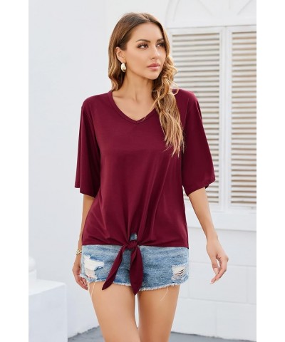 Women's Tie Front Tops Summer V Neck 3/4 Bell Sleeve Twist Knot Shirt Wine Red $12.18 Blouses