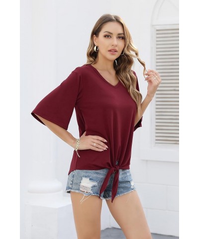 Women's Tie Front Tops Summer V Neck 3/4 Bell Sleeve Twist Knot Shirt Wine Red $12.18 Blouses