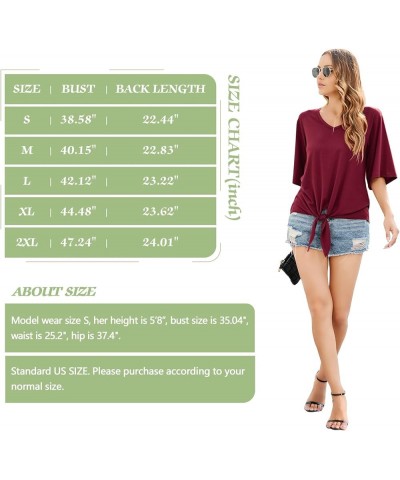 Women's Tie Front Tops Summer V Neck 3/4 Bell Sleeve Twist Knot Shirt Wine Red $12.18 Blouses