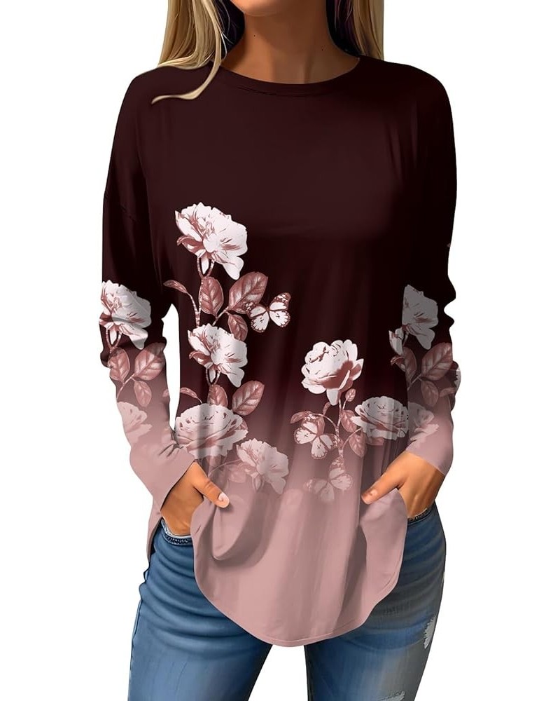 Women Print Crew Neck Tunic Shirt 2024 Spring Casual Loose Top Cozy Stretchy Breathable Basic Long Sleeve T-Shirt $01-wine $8...