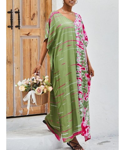 Women Casual Turkish Kaftan Loose Lightweight Oversized Caftan Beach Cover Up Maxi Dress Green Rose Red $15.18 Swimsuits